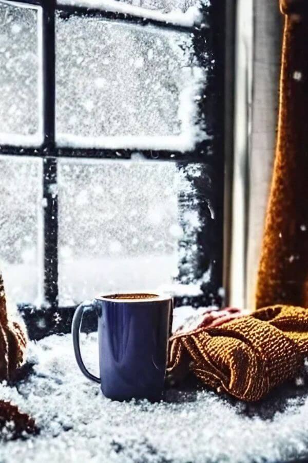coffee cup sitting in front of a window with snow coming down -winter hashtags for instagram
